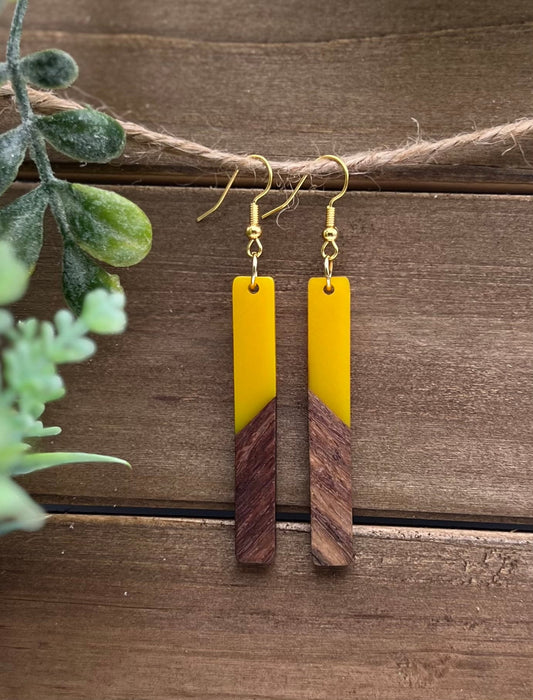 Yellow Resin + Wood Bar Earrings + Gold Plated Hooks