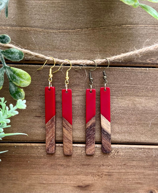 Red Resin + Wood Bar Earrings + Gold Plated or Antique Bronze Hooks