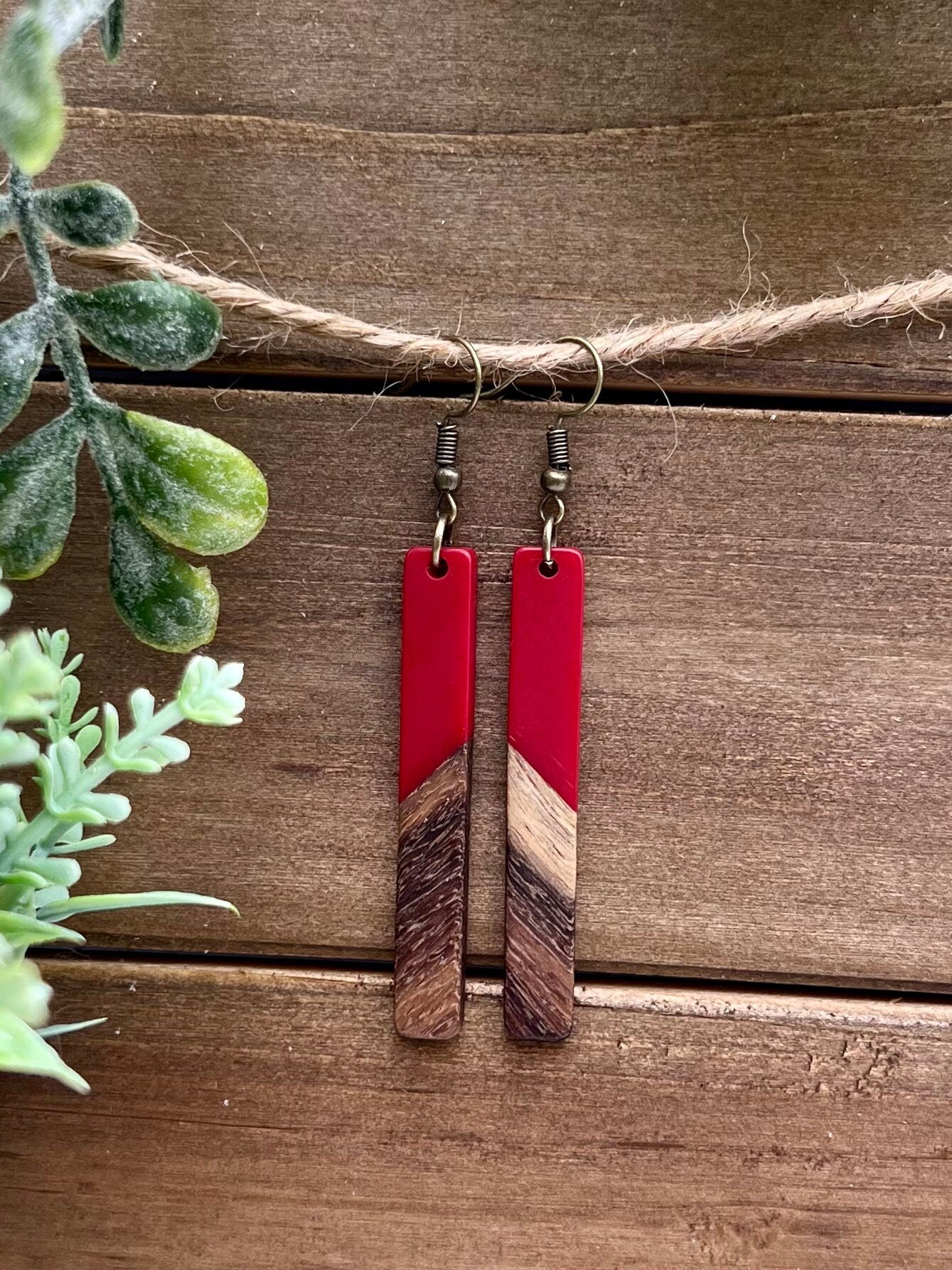 Red Resin + Wood Bar Earrings + Antique Bronze Hooks
