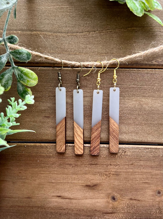 Grey Resin + Wood Bar Earrings + Gold Plated or Antique Bronze Hooks