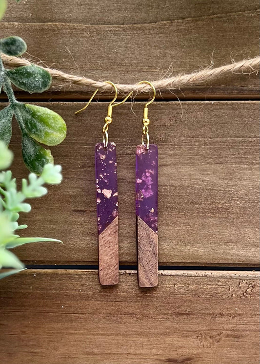 Purple Resin + Gold Fleck + Wood Bar Earrings+ Gold Plated Hooks