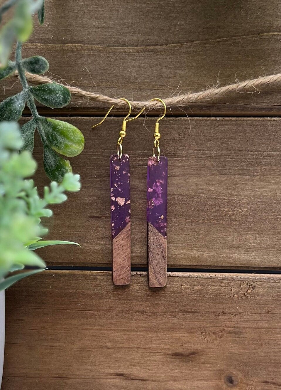 Long Purple+Gold Fleck+Wood Bar Earrings l Wood + Resin Bar Earrings l [Elegant-Boho-Simple-Hypoallergenic- Lightweight] Sleek + On Trend