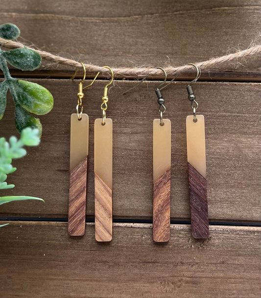 Apricot Resin + Wood Bar Earrings + Gold Plated or Antique Bronze Hooks