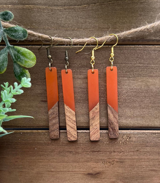 Fall Earrings - Orange Resin + Wood Bar Earrings + Gold Plated or Antique Bronze Hooks