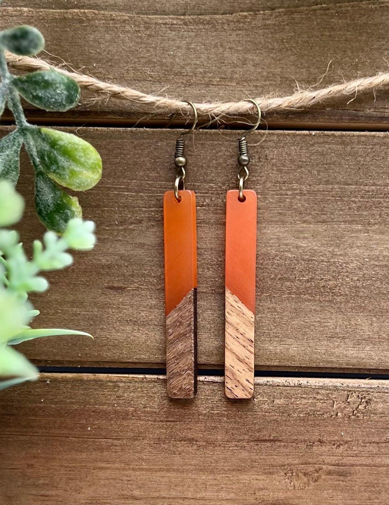 Orange Resin + Wood Bar Earrings + Antique Bronze Hooks