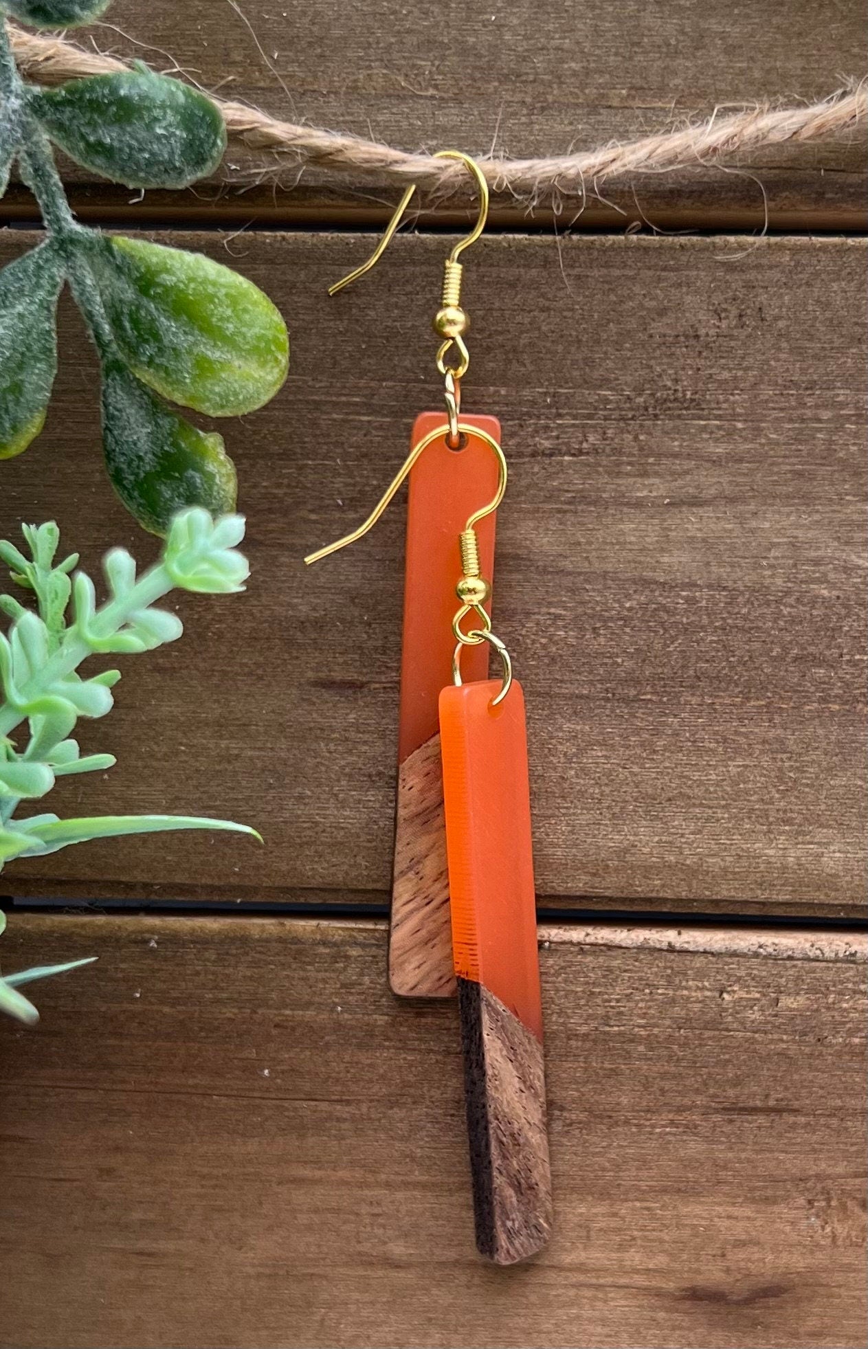 Long Orange+Wood Bar Earrings l Wood + Resin Bar Earrings l [Elegant-Boho-Simple-Hypoallergenic- Lightweight] Sleek + On Trend