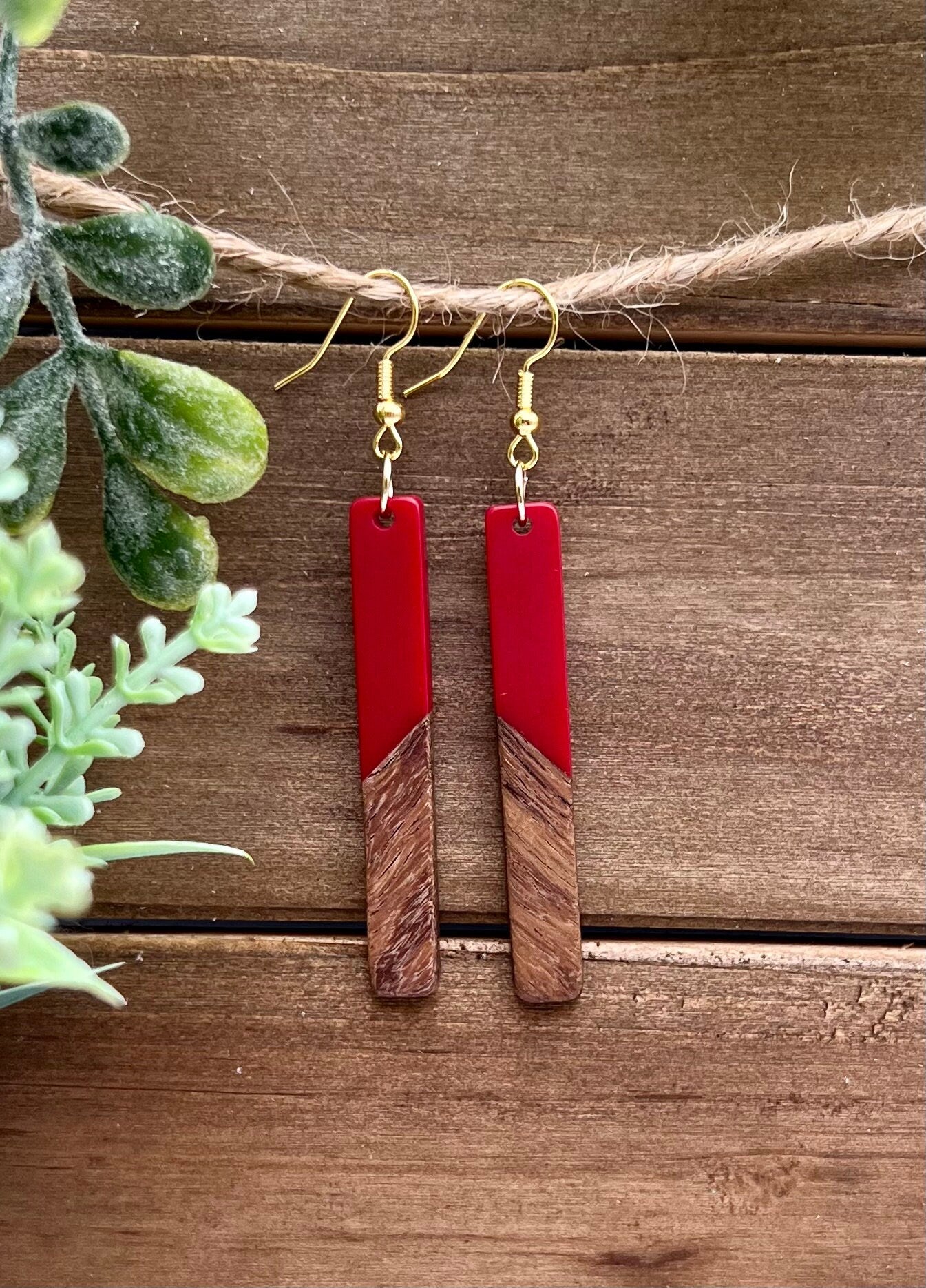 Red Resin + Wood Bar Earrings + Gold Plated Hooks