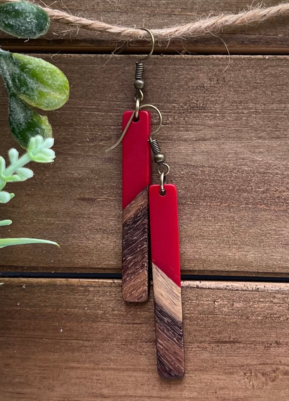 Long Red+Wood Bar Earrings l Wood + Resin Bar Earrings l [Elegant-Boho-Simple-Hypoallergenic- Lightweight] Sleek + On Trend