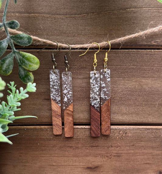 Silver Fleck Resin + Wood Bar Earrings + Gold Plated or Antique Bronze Hooks