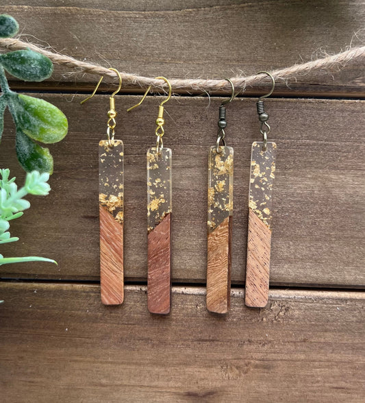 Clear Resin + Gold Fleck + Wood Bar Earrings + Gold Plated or Antique Bronze Hooks